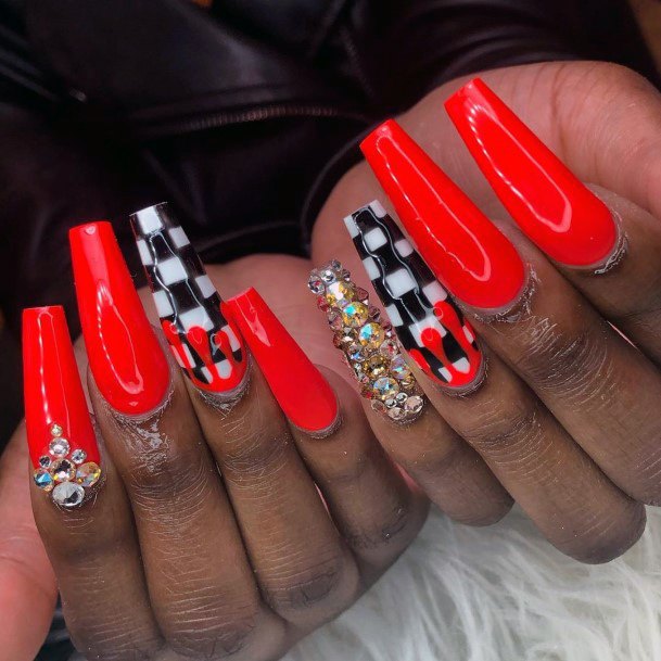 Tomato Red And Checkered Nails Women