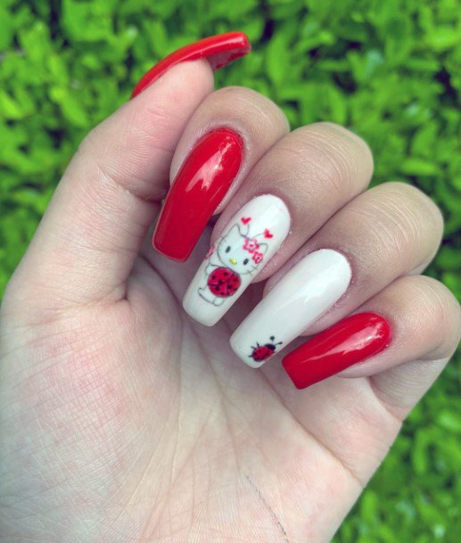 Tomato Red And Light Hello Kitty Nails