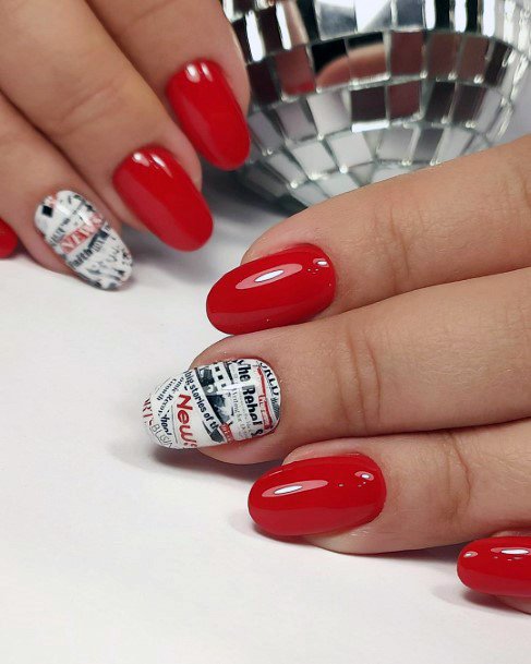 Tomato Red Shellac Nails With Newsprint Accent For Women