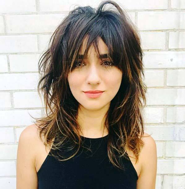 Tousled Brunette With Bangs Hassle Free Hairstyle For Women Natural