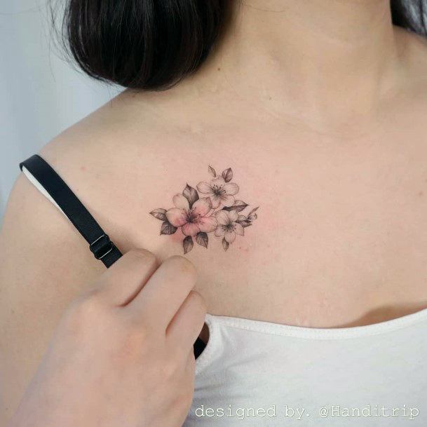 Traditional Cherry Blossom Tattoo For Women Collar Bone