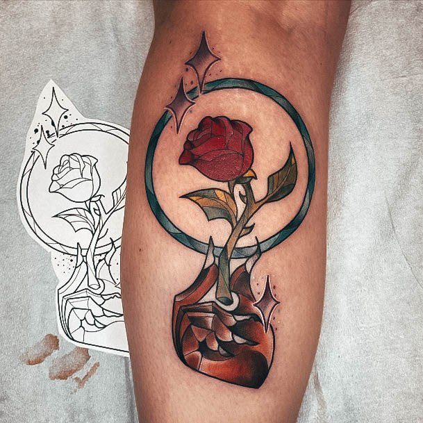 Traditional Color Rose Calf Wondrous Ladies Beauty And The Beast Tattoos