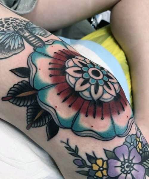 Traditional Floral Tattoo For Women On Legs