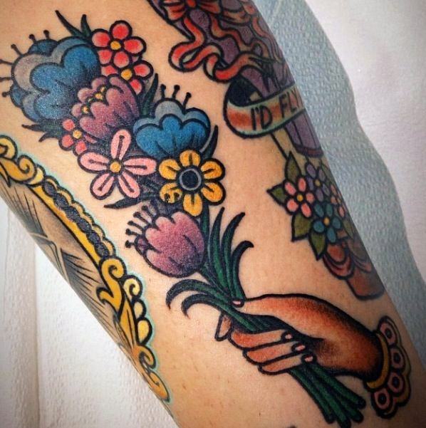 Traditional Flower Bouquet Tattoo For Women