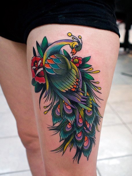 Traditional Peacock Tattoo Womens Thigh