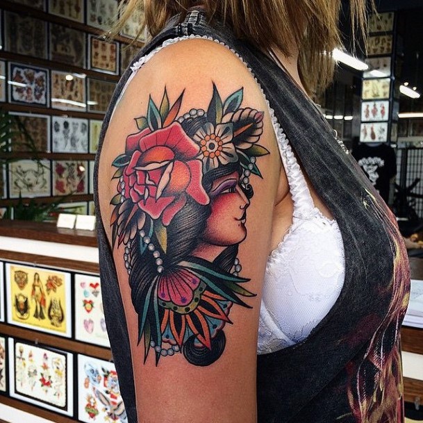 Traditional Red Indian Tattoo For Women Arms