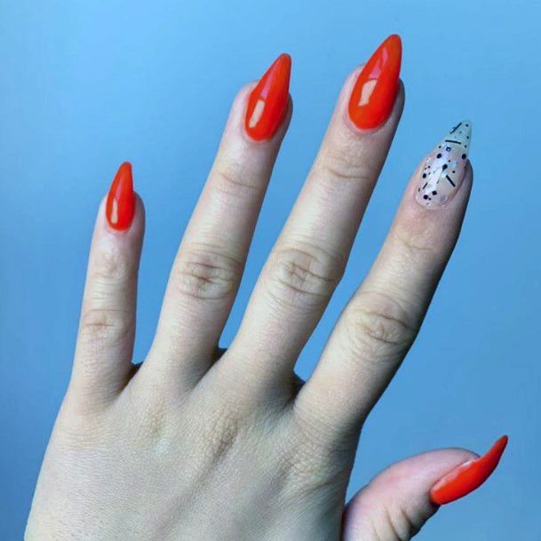 Transparent Animal Print Accent Red Orange Nails For Women