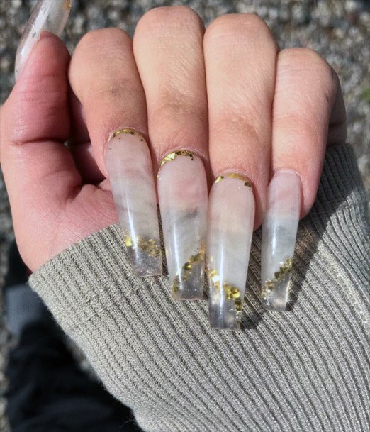 Transparent Marble Art On Long Nails With Gold Effect Women