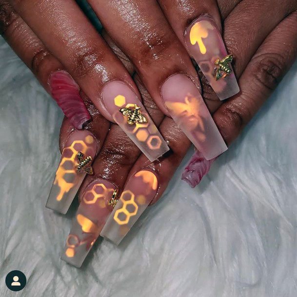 Transparent Matte Nails With Honey Bee Stickers For Women