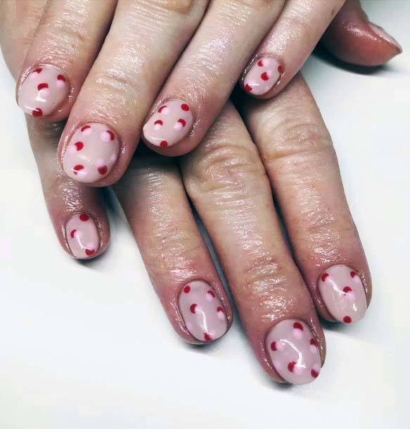 Transparent Pink Nails With Red Hearts For Women