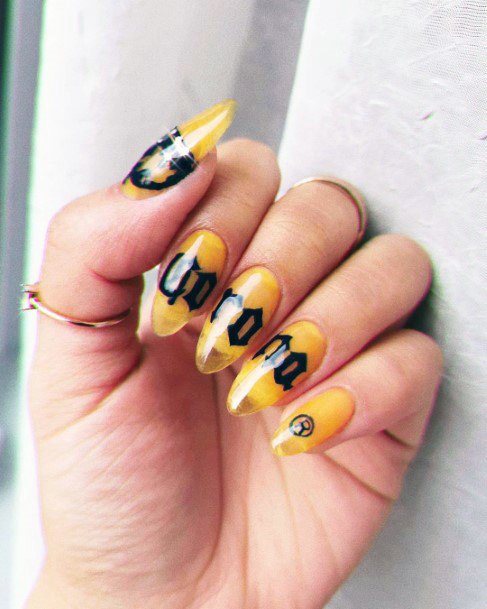 Transparent Yellow Nails With Black Design For Women