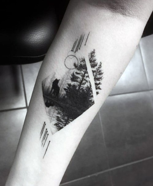 Tree And Howling Wolf Full Moonlight Tattoo For Women