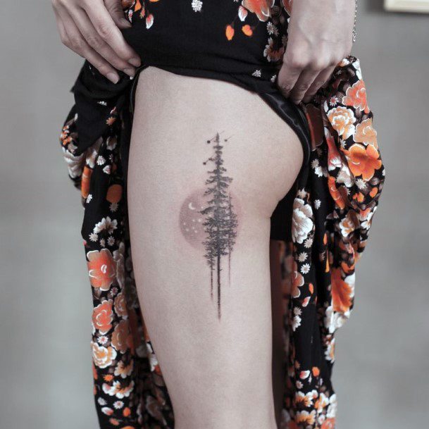 Tree Under Full Moon Tattoo Womens Thighs