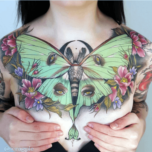 Tremendous Green Winged Moth Tattoo Womens Chest
