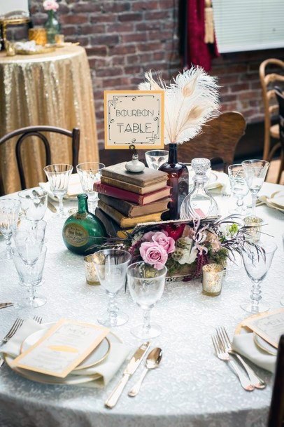 Trendy Cool Stacked Books White Wedding Bourbon Table Decoration Inspiration