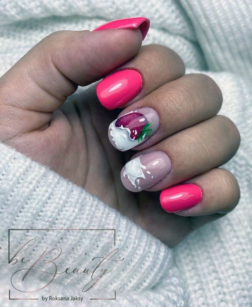 Trendy Cute Pink Strawberry Milk Shake Delicious Nail Design For Girls