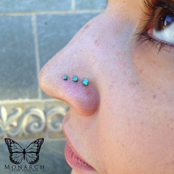 Trendy Cute Turquoise Horizontal Triple Nose Piercing For Women