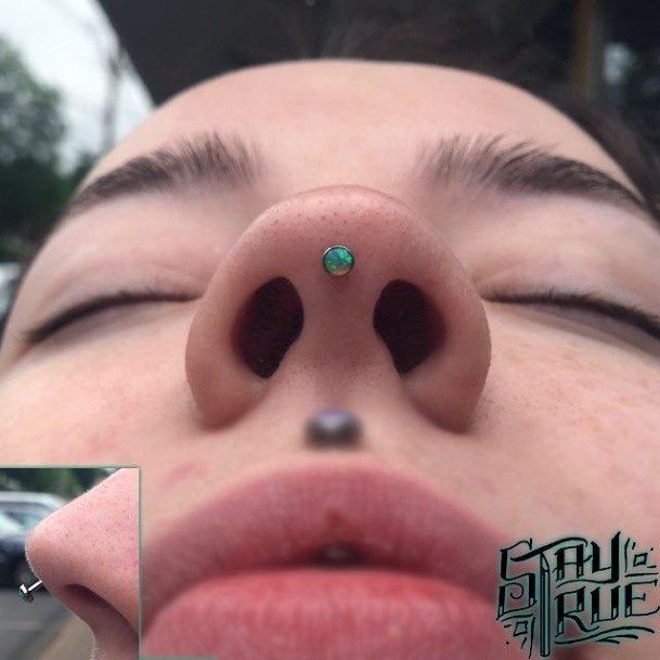 Trendy Emerald Green Rhino Dermal Nose Piercing Front Side View Ideas For Women