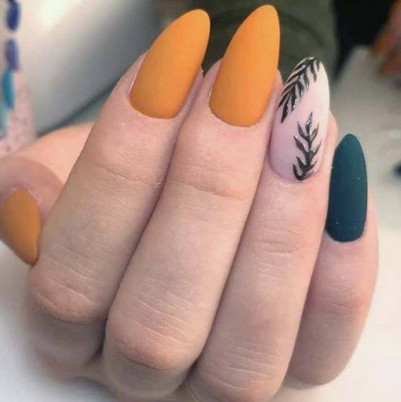 Trendy Matte Seasonal Orange Painted Nails With Fall Leaves