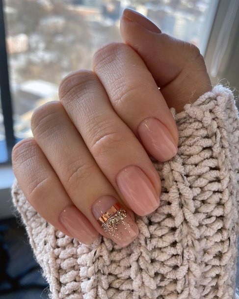 Trendy Nude Nails With Golden Band And Sparkles