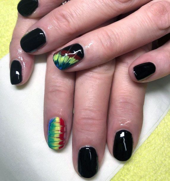 Trendy Polished Black Gel Nails Green Yellow Red Design For Girls