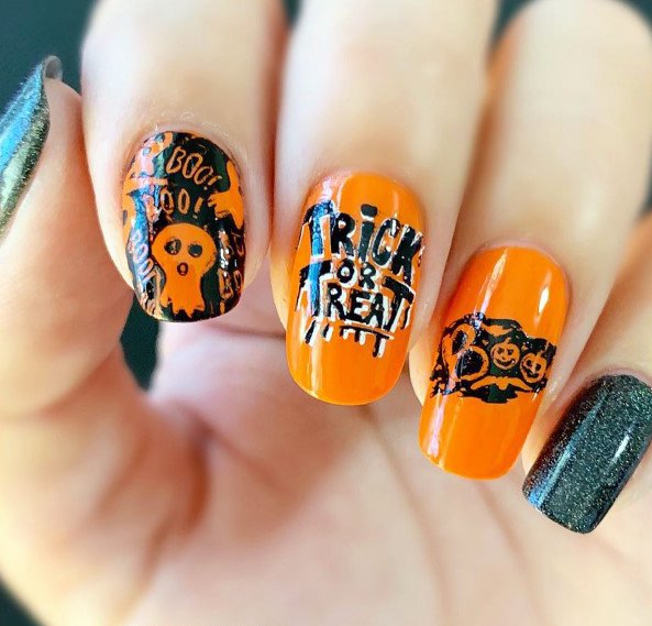 Trendy Trick Or Treat Halloween Orange And Black Nail Decor For Ladies