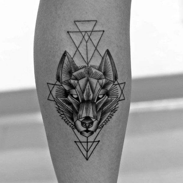 Triangular Art And Wolf Tattoo Womens Legs