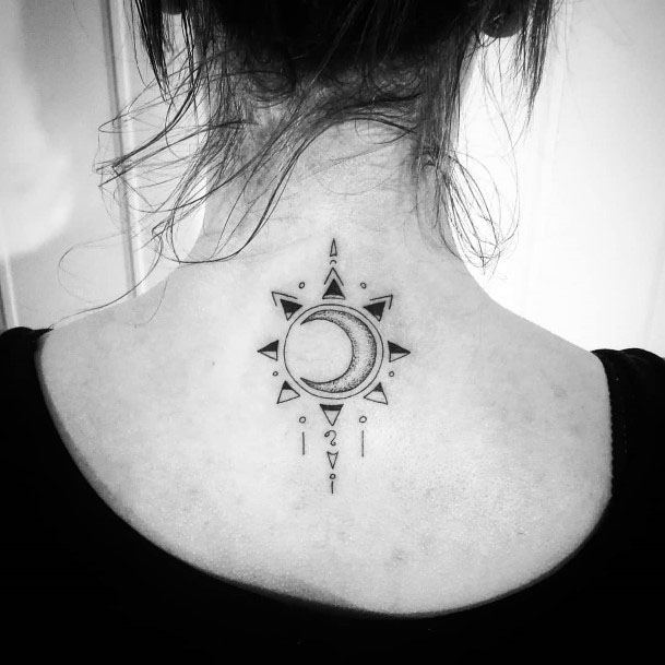 Triangular Art Sun Tattoo Womens Back