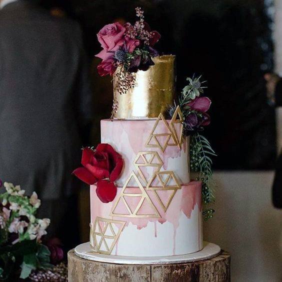 Triangular Design On Pink 3 Tier Wedding Cake