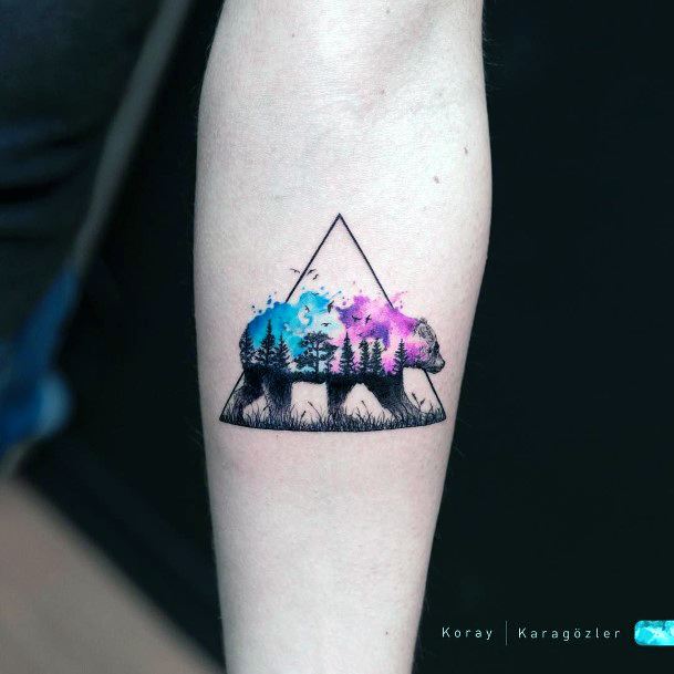 Triangular Frame Pink And Blue Bear Tattoo