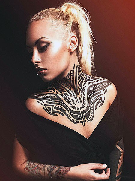 Tribal Art Chest Tattoo For Women