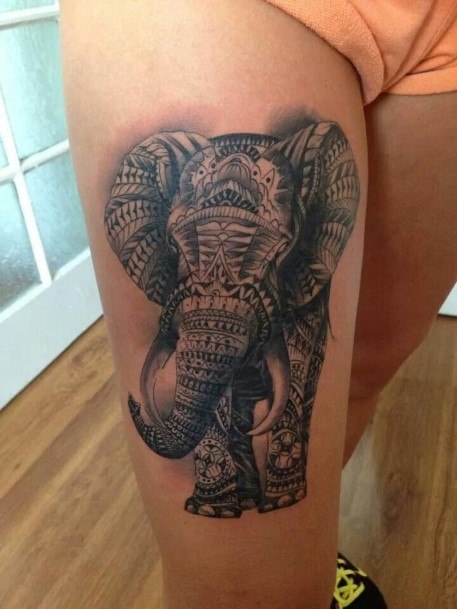 Tribal Art Inside Elephant Tattoo Womens Thighs