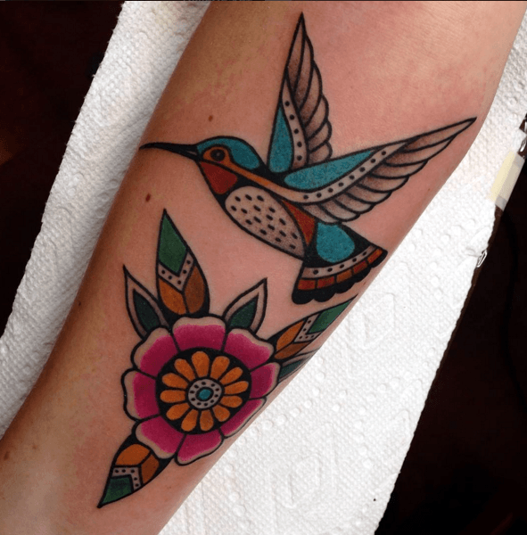 Tribal Flower Art And Hummingbird Tattoo For Women