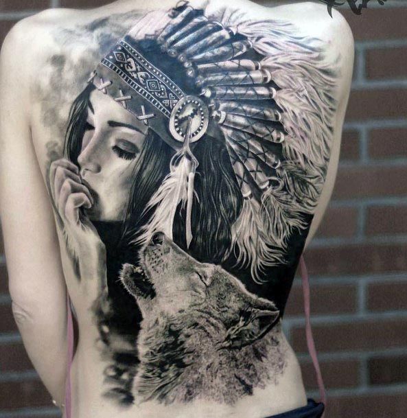 Tribal Lady And Wolf Tattoo Back Women