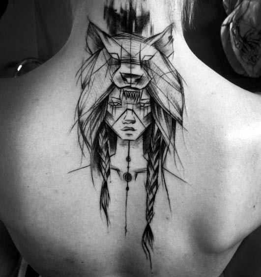 Tribal Lady With Wolf On Top Tattoo Womens Back