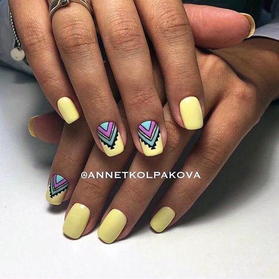 Tribal Purple Art On Pale Yellow Nails For Women