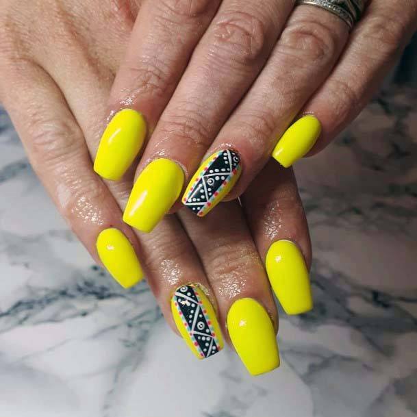 Tribal Ribbon Art On Bright Yellow Nails Designs For Women