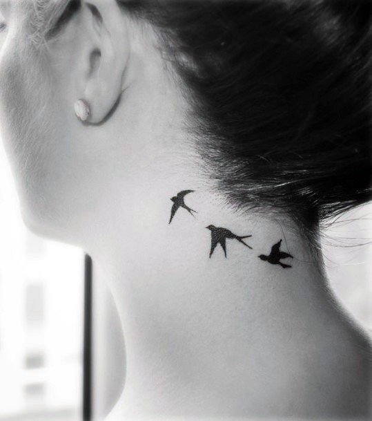 Trio Of Black Doves Tattoo Womens Neck Art