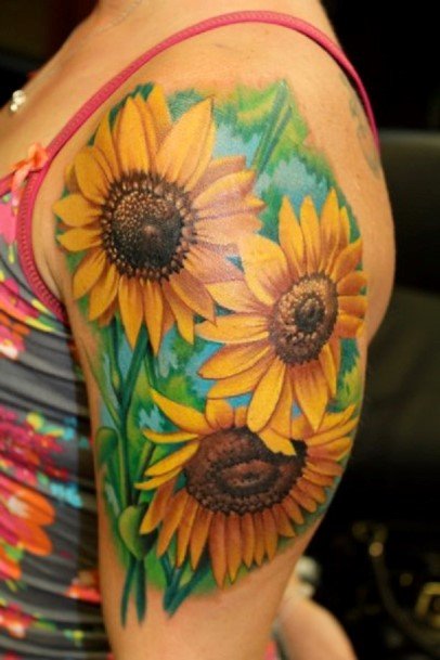 Trio Of Sunflowers Tattoo Womens Arms