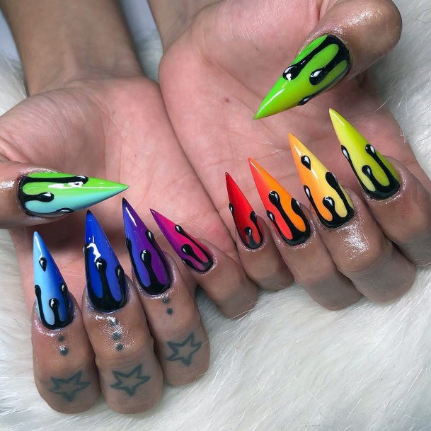 Trippy Cool Stiletto Colorful Ombre Dripping Nail Design For Women