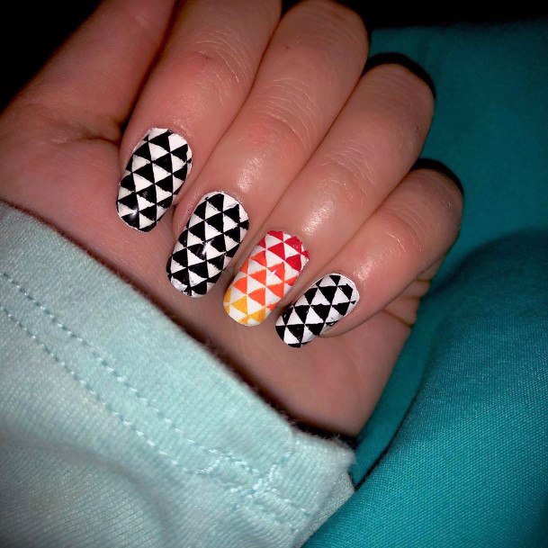 Trippy White Black Checkered Triangle Abstract Nail Design Ideas For Ladies