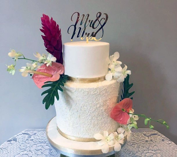 Tropical Wedding Flowers On White Cake