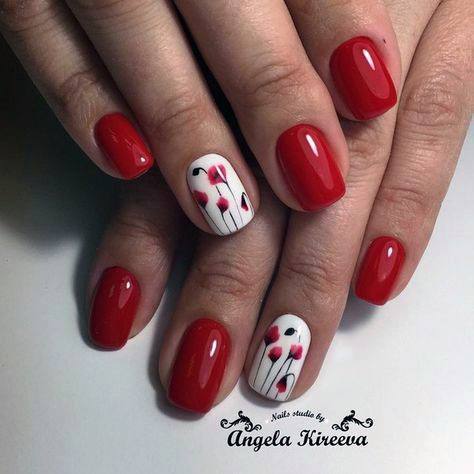 Tulips Design On Bright Red Nails For Women