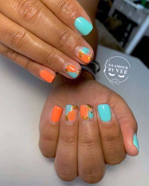 Turquoise Blue And Orange Nails For Women