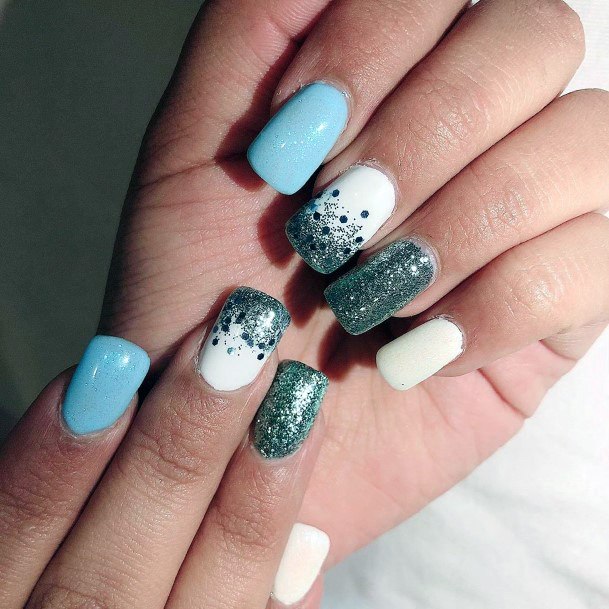 Turquoise Blue And White Nails With Muted Glitter For Women