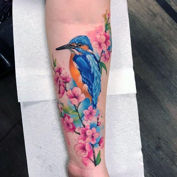 Turquoise Blue Bird And Pink Flowers Tattoo Womens Arms