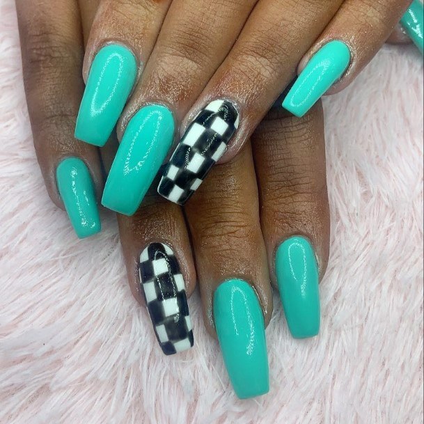 Turquoise Checkered Nails Women