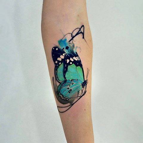 Turquoise Colored Butterfly Tattoo Womens Forearms
