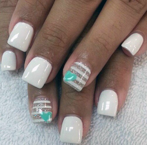Turquoise Heart And Glitter Bands On Short White Nails Women
