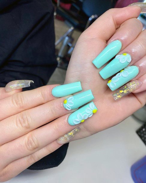 Turquoise Nails 3d Yellow Flowers Women